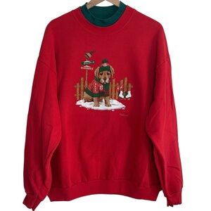 Vintage Endless Designs Women’s Large Christmas Puppy Sweatshirt Red Green